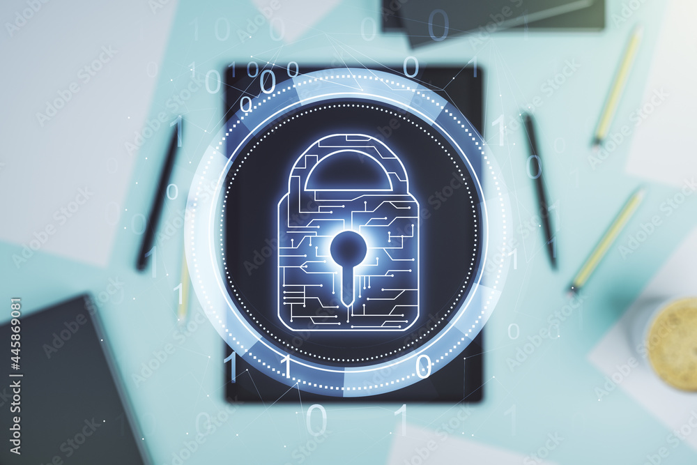 Poster Creative lock sketch with chip hologram and modern digital tablet on background, protection of personal data concept. Multiexposure