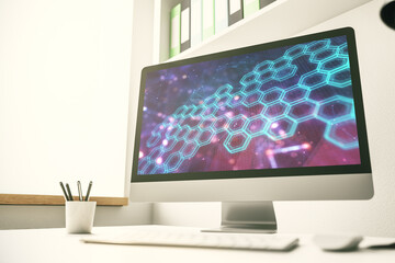 Fototapeta premium Modern computer monitor with technology hologram with hexagon. Research and development software concept. 3D Rendering