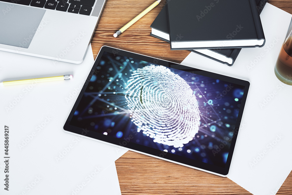 Poster abstract creative fingerprint concept on modern digital tablet screen. top view. 3d rendering