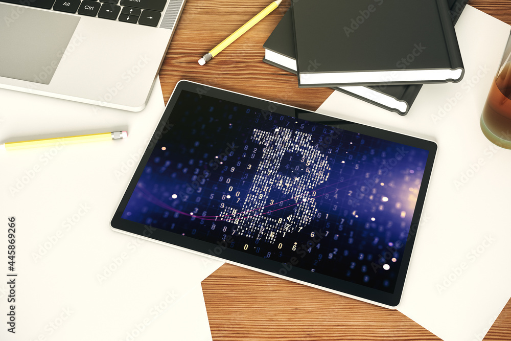 Poster Creative Bitcoin concept on modern digital tablet display. Top view. 3D Rendering