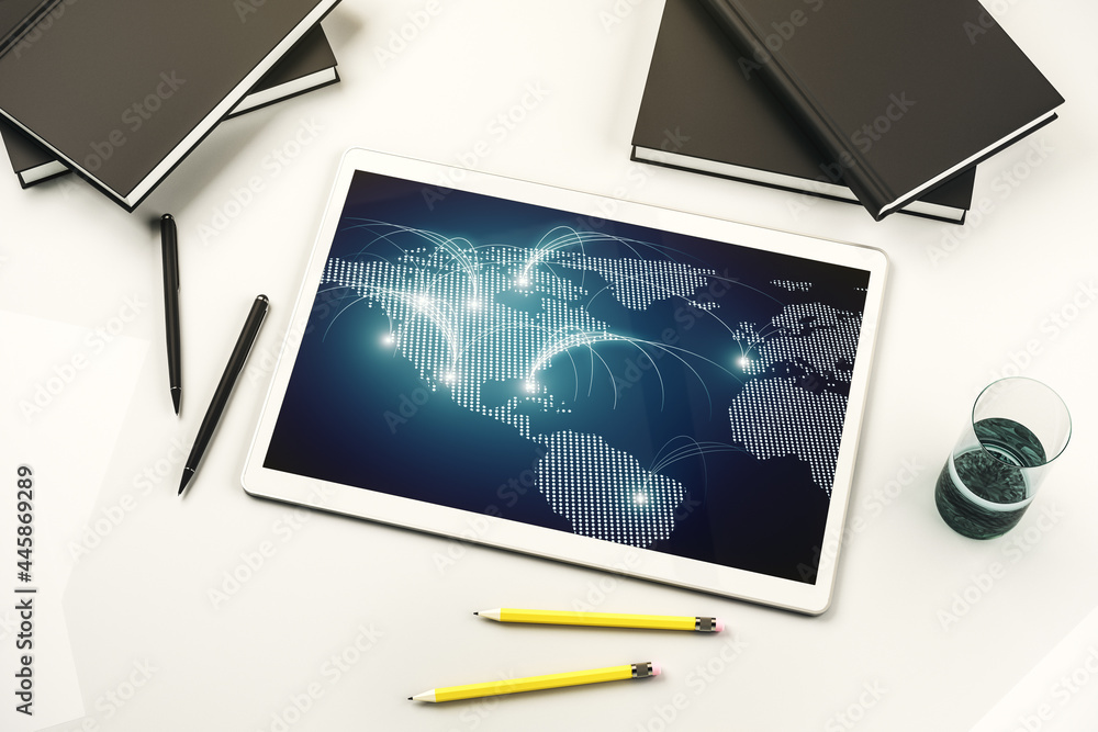 Poster top view of modern digital tablet monitor with abstract world map with connections, research and str