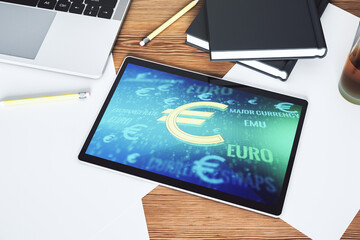 Creative EURO symbols sketch on modern digital tablet screen, strategy and forecast concept. Top view. 3D Rendering