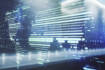 Double exposure of abstract digital world map hologram on contemporary business center exterior background, big data and blockchain concept