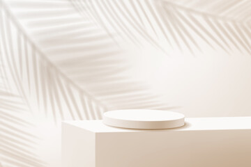 A minimalistic stage with a cylindrical podium and a shade of a palm tree in brown tones. - obrazy, fototapety, plakaty