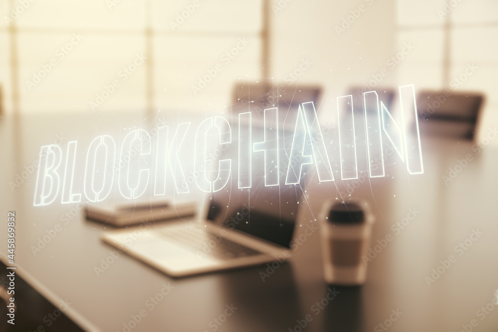 Poster double exposure of blockchain technology hologram on laptop background. research and development dec
