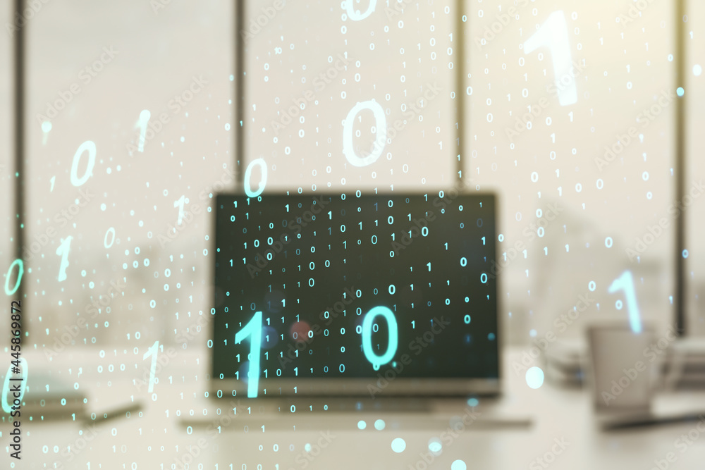 Poster creative concept of binary code illustration on modern laptop background. big data and coding concep