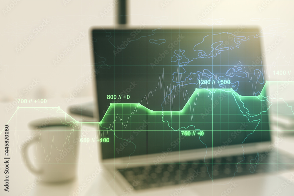 Poster multi exposure of abstract graphic data spreadsheet sketch on modern computer background, analytics 