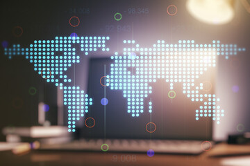 Obraz premium Double exposure of abstract digital world map on computer background, big data and blockchain concept