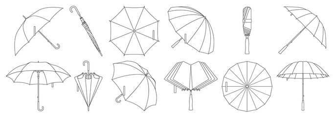 Umbrella isolated outline set icon. Vector outline set icon rainy cover . Vector illustration umbrella on white background.