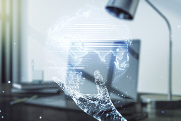 Double exposure of abstract digital world map on computer background, big data and blockchain concept