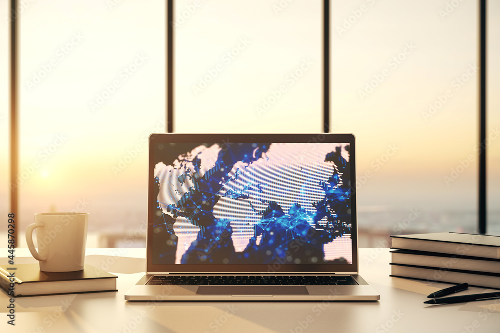 Poster modern computer screen with abstract creative digital world map, research and analytics concept. 3d 