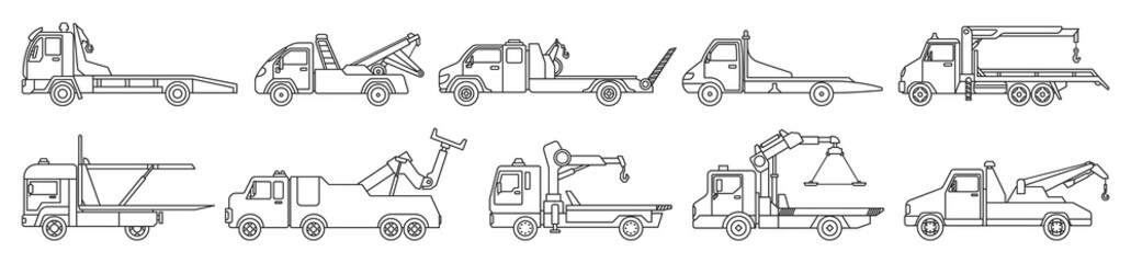 Truck tow isolated outline set icon. Vector illustration evacuator on white background. Vector outline set icon truck tow.
