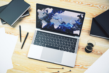 Computer monitor with abstract creative digital world map, globalization concept. 3D Rendering