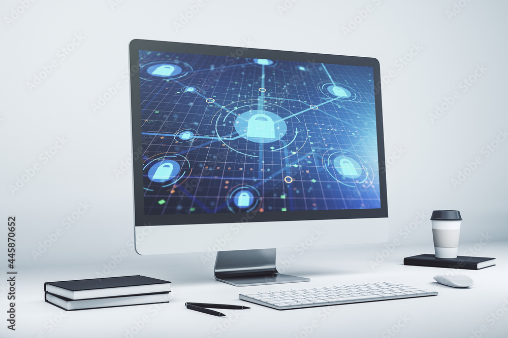 Poster Creative idea concept with lock symbol and microcircuit illustration on modern laptop screen. Protection and firewall concept. 3D Rendering