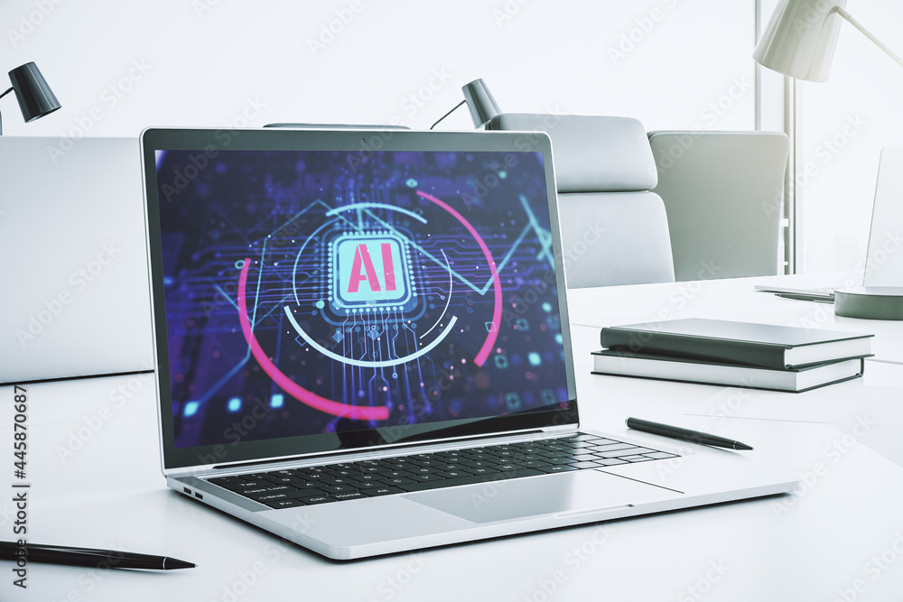Poster computer monitor with creative artificial intelligence abbreviation. future technology and ai concep