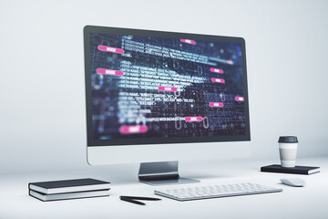 Fototapeta premium Modern computer screen with abstract graphic coding sketch, big data and networking concept. 3D Rendering