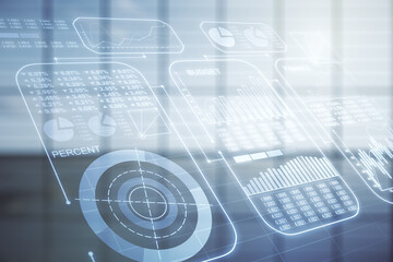 Multi exposure of creative statistics data hologram on empty modern office background, stats and analytics concept