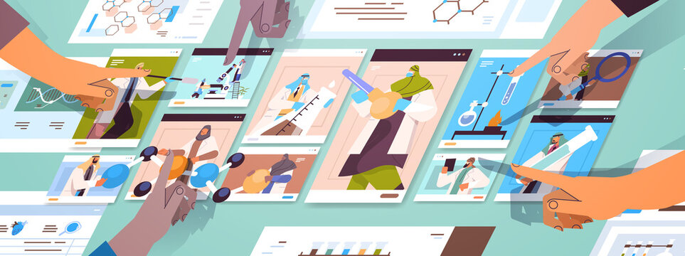 arab researchers discussing during video call scientists making chemical experiments molecular engineering