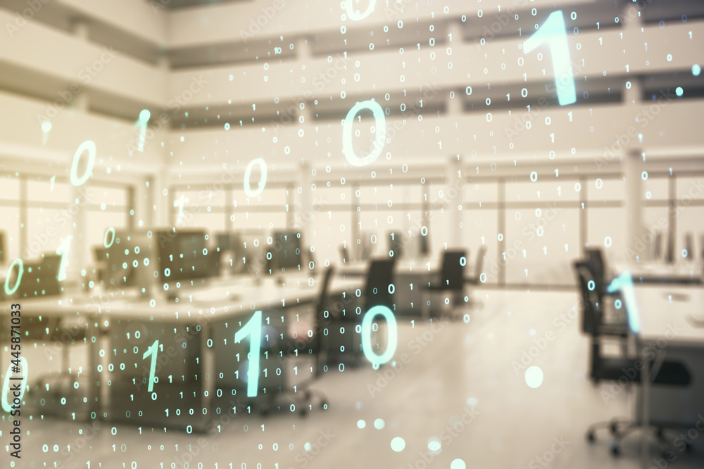 Poster abstract virtual binary code sketch on a modern furnished office interior background, hacking and ma