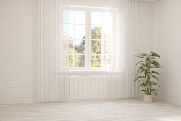 Stylish empty room in white color with autumn landscape in window. Scandinavian interior design. 3D illustration