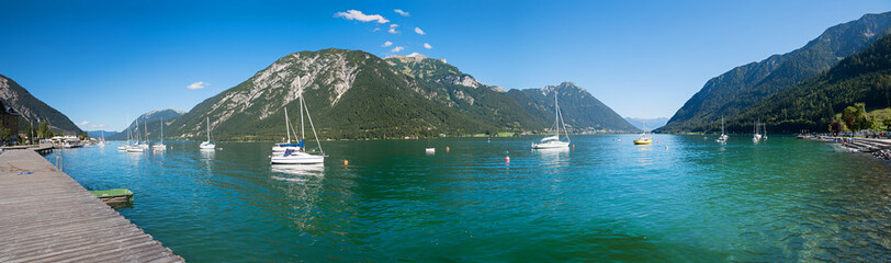 Fototapeta na wymiar beautiful lake Achensee, panoramic view from Pertisau Boardwalk