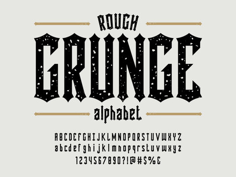 Vintage medieval style alphabet design with uppercase, lowercase, numbers and symbols