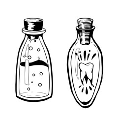 Graphic magic bottles with potion on white. Mystery occult Halloween design elements.