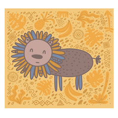 Cute lion hand drawn vector illustration. Funny camelopard cartoon character. Exotic wild animal in africa frame isolated on purple background. Childish t shirt print design