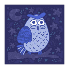 Cute owl hand drawn flat vector illustration. Adorable catta cartoon character. Funny forest animal with a moon and stars  isolated on blue background. Childish t shirt print design