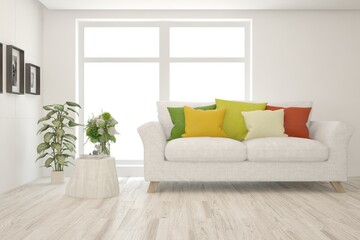 White living room with sofa. Scandinavian interior design. 3D illustration