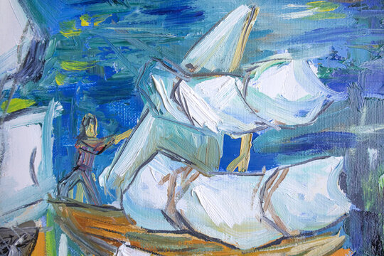 Single yachtsman in the sea with sailboat. Sailor with sail illustration. Bright sunny day at the sea. Picturesque seaman character. Colorful brush strokes surface. Vastness and isolation concept.