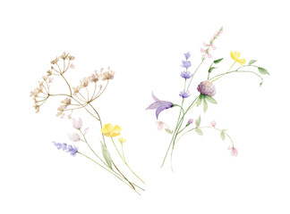 Watercolor vector card with wildflower flowers and leaves.