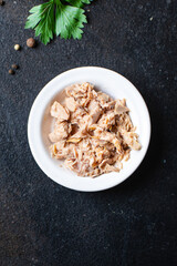 tuna fish canned seafood on the table healthy meal snack copy space food background rustic. top view 