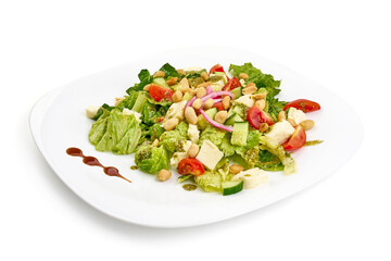 Vegetarian salad with mozzarella cheese, isolated on white background. High resolution image.