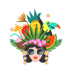 Hello, summer. A beautiful girl with a hairstyle decorated with exotic flowers and fruits. - 445873807
