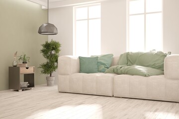White living room with sofa. Scandinavian interior design. 3D illustration