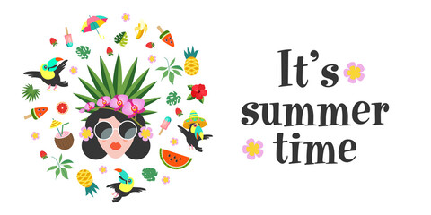 Summer bright poster. A beautiful girl with a hairstyle decorated with exotic flowers and fruits.