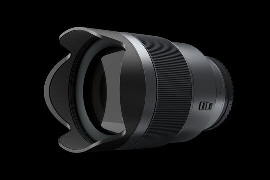 Modern nonexistent DSLR macro camera lens on black background