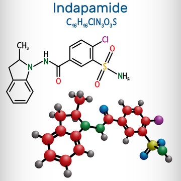 Indapamide molecule. It is thiazide-like diuretic, hypertension drug. Structural chemical formula and molecule model