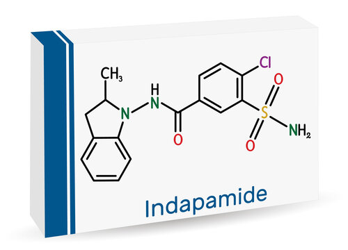 Indapamide molecule. It is thiazide-like diuretic, hypertension drug. Skeletal chemical formula. Paper packaging for drugs