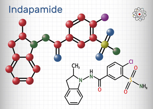 Indapamide molecule. It is thiazide-like diuretic, hypertension drug. Structural chemical formula and molecule model. Sheet of paper in a cage