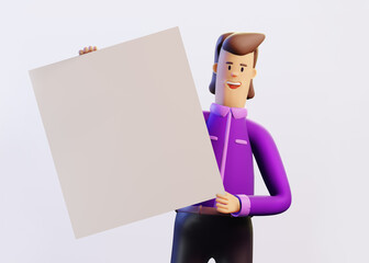 Happy successful businessman holds up banner, white background with space for text. 3D rendering illustration.