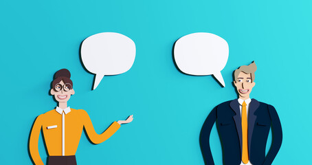 Talking business people and speech bubbles. Background with business people made of paper. Paper cut design 3D rendering illustration 