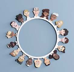 People faces made of paper. Lots of people different age and professional background. Paper cut design 3D rendering illustration 