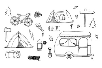 Set of doodle forestry camping design elements.Hand drawing elements of camping and tourism isolated on white background. A cute background full of icons, perfect for flyers,summer camps. Bikepacking. - obrazy, fototapety, plakaty
