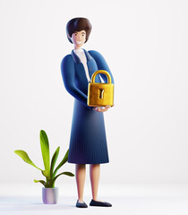 Successful businesswoman with golden lock. 3D rendering illustration.