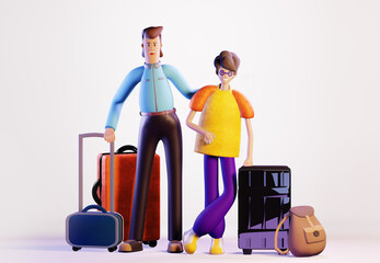 Happy couple ready to go on holidays. People with travel bags waiting for departure. End of Covid restrictions. 3D rendering illustration.