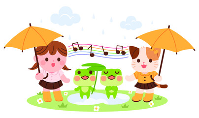 Obraz na płótnie Canvas A girl with an umbrella and a kitten looking at a singing frog. Kindergarten concept character vector illustration.
