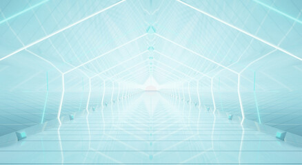Abstract interior sci-fi spaceship corridors. futuristic design spaceship interior in blue background. 3d rendering.	
