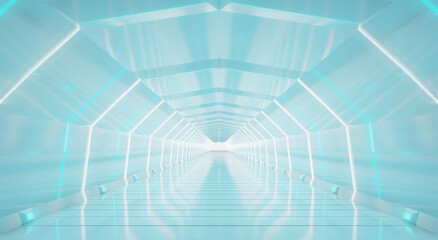 Abstract interior sci-fi spaceship corridors. futuristic design spaceship interior in blue background. 3d rendering.	
